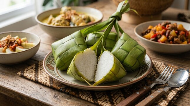 A beautiful high-angle shot of a sliced open ketupat rice cake revealing dense white rice, served with chicken opor ayam and sambal goreng ati for Eid celebration on a wooden table.