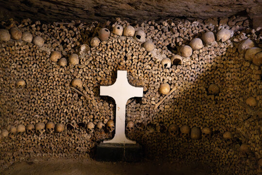Darmstadt, Germany - 2 Nov 24: White cross memorial in the Catacombs of Paris ossuary