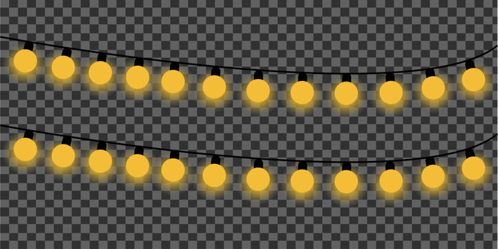 Two rows of glowing yellow party string lights hanging on a black wire for holiday celebration and festive decoration
