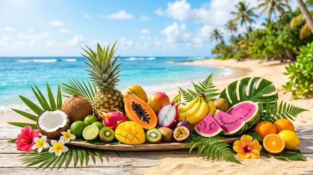 Tropical fruit platter on a wooden board at a sunny beach