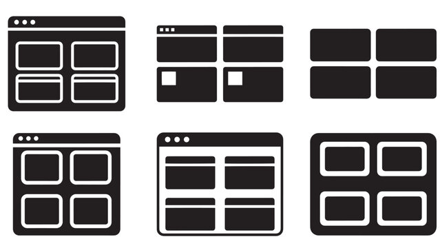 Dark browser window layouts and dashboard interface mockups with grid content blocks for web design templates