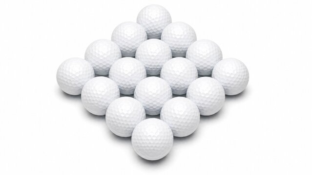 White golf balls arranged in a geometric pattern on a pure white background, emphasizing texture.