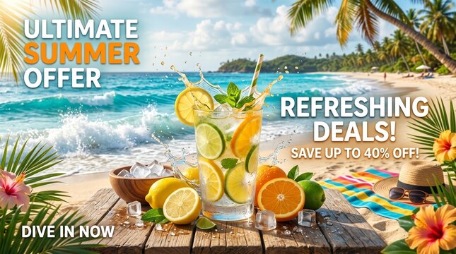 Refreshing summer cocktail with citrus fruits on a tropical beach background