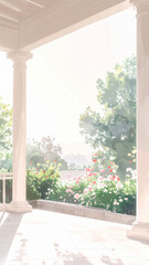 Fototapeta premium テラスから望む花咲く庭園の風景 柔らかな陽光が差し込む癒しの空間 文字入れのためのコピースペースがあるナチュラルな背景素材 春や初夏の爽やかな雰囲気を感じさせる明るいガーデンイラスト 広告やバナー広告およびSNS投稿に活用できるおしゃれな空間デザイン素材