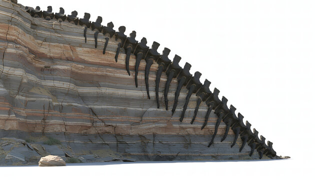 Detailed view of an ancient dinosaur fossil skeleton embedded within stratified geological layers, illustrating prehistoric earth history and paleontology