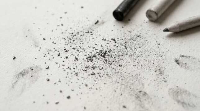 Close-up of scattered graphite powder and charcoal sticks on textured paper