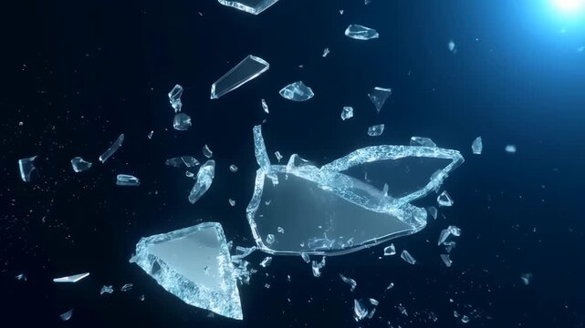 Glass Shard Explosion Suspended in Slow Motion with Icy Blue Splinters and Sparkling Debris Particles in Dark Blue Background