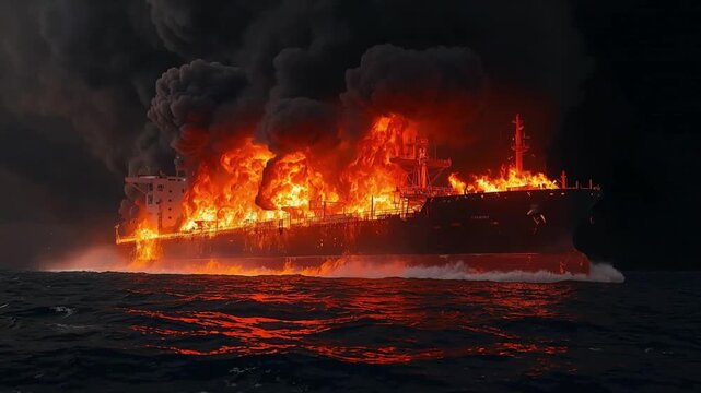Cargo ship burning intensely on ocean surface with dark smoke clouds in dramatic cinematic motion video footage scene at night