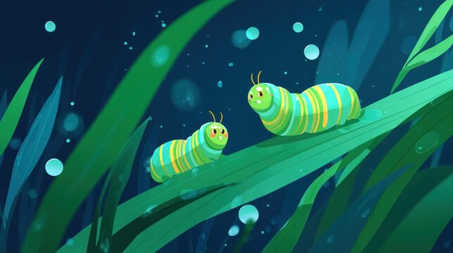 Two cute striped larvae creatures crawl upon vibrant green foliage in a dark, magical setting