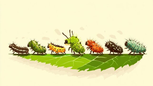 Group of diverse, colorful larvae creatures marching in a line across a broad green leaf.