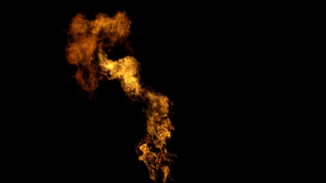 A realistic column of fire burns and twists upwards against a solid black background.