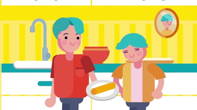 Happy Father Tucking His Children into Bed and Saying Goodnight Family Animation