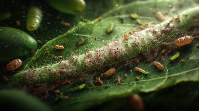 Highly magnified view reveals a fuzzy larva crawling across a damp green leaf surrounded by smaller insect forms