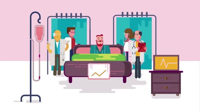 Medical Team and Doctors Checking on Male Patient in Hospital Room Animation