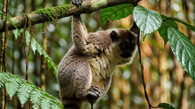 A Sunda Slow Loris hangs from a mossy branch in a lush Southeast Asian rainforest, showcasing its unique climbing abilities.
