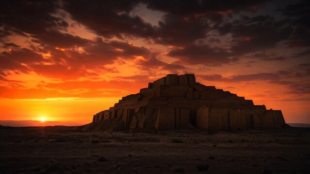 A massive stepped ziggurat ruin under a dramatic sunset sky, silhouette view.
