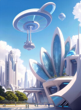 AIの進んだ未来都市社会の風景イラスト　バリエーションあり