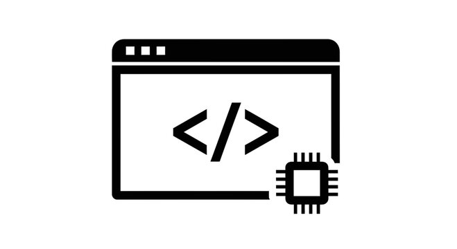 Computer code on screen with microchip icon, software development and technology concept