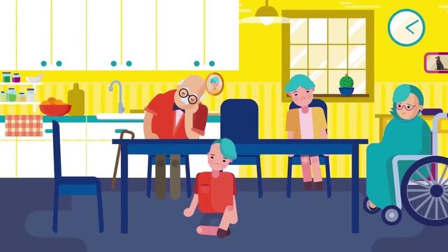 Family Gathering in Living Room with Diverse Members and Elderly Woman Animation