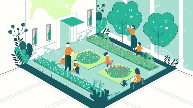Isometric Animation of People Gardening and Working in a Community Garden