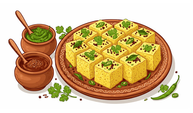 Khaman Dhokla with Green and Red Chutneys in Mud Pots and Plate Vector Illustration