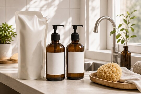 Sustainable refill station with amber pump bottles