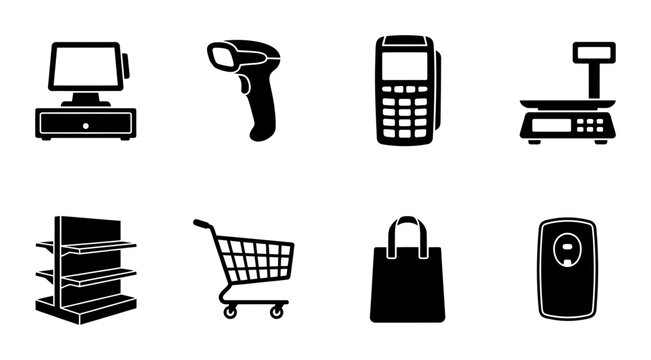 Retail Icons Set: POS System, Scanner, Payment Terminal, Scale, Shelving, Cart, Bag, Weight Scale for Commerce