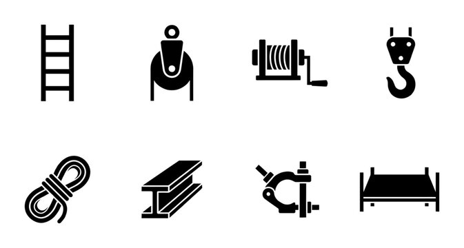 Industrial Equipment Icons: Ladder, Pulley, Winch, Hook, Rope, Beam, Clamp, Bed Frame Vector Set