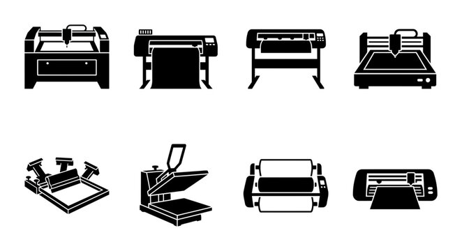 Printing and Cutting Machines Icons, Digital Plotter and Heat Press Vector Set, Graphic Design Equipment Collection