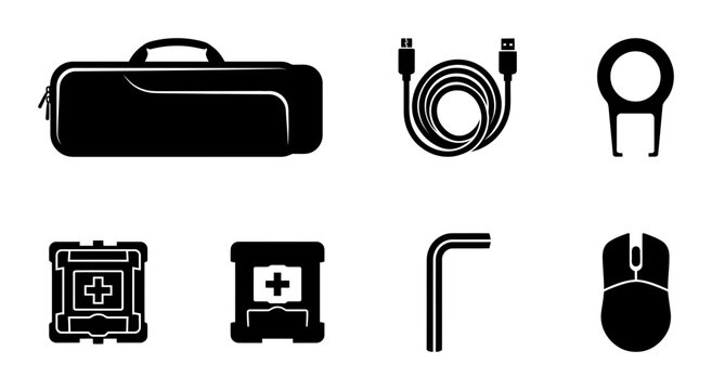 Black Vector Icons: Tech Accessories, Computer Peripherals, and Repair Tools Set