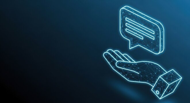 Digital communication icon held in a polygonal hand, symbolizing technology and connection
