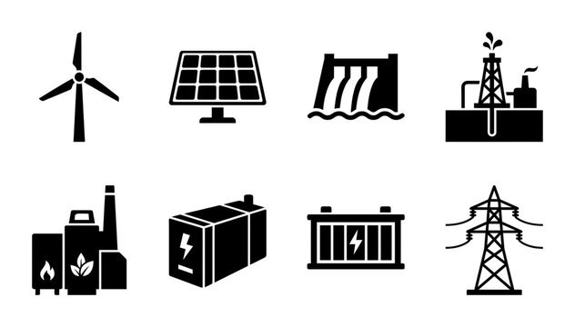 Renewable Energy Icons Set: Solar, Wind, Hydro, Battery Storage, Power Grid, Fossil Fuels, Industrial Plant
