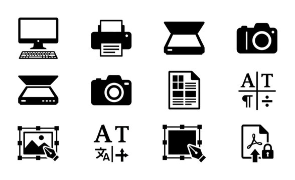 Office Technology Icons Set: Computer, Printer, Scanner, Camera, Document, Typography, Editing Tools, PDF Security Vector Graphics