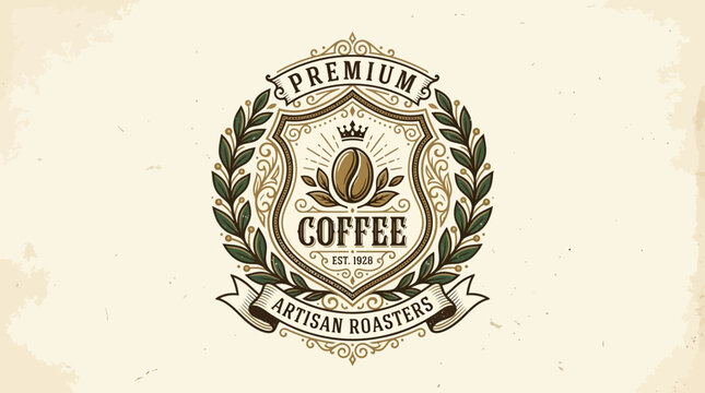 Vintage coffee logo featuring premium artisan roasters with decorative elements and a crown