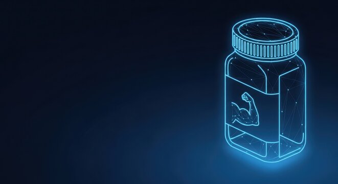 Neon wireframe of a supplement bottle with a bicep icon