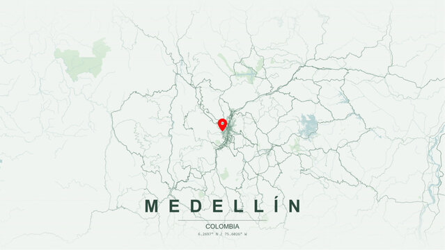 Modern minimalist vector map of Medellin, Colombia. High-quality scalable illustration of Medellin city grid, R&iacute;o Medell&iacute;n waterfront axis and El Poblado district layout for posters and design.