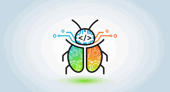 Creative Bug Illustration Depicting Software Code and Digital Technology.