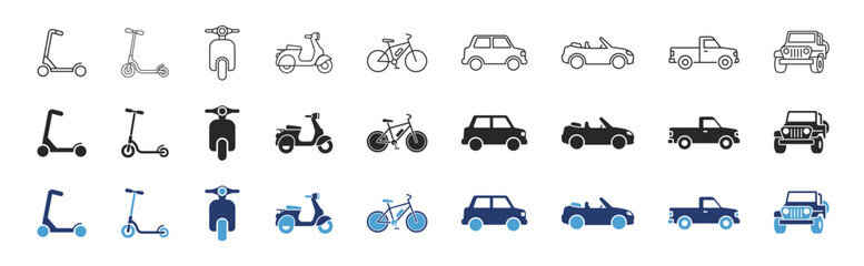 Naklejka premium Transport vehicle icon set with scooters bicycles cars pickup trucks and editable stroke styles