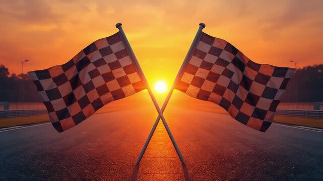 Checkered flags waving on a race track at sunset video footage showing the beginning of a professional motorsport competition
