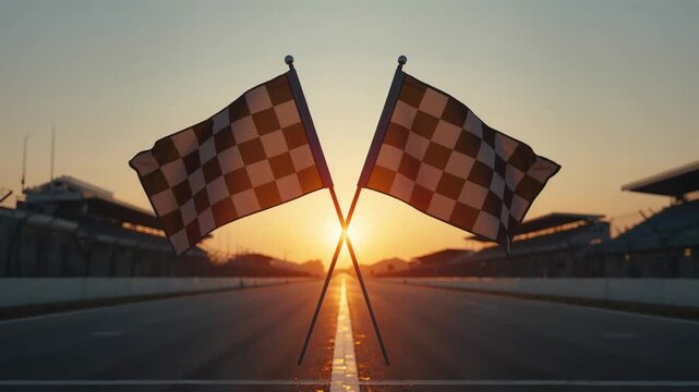 Checkered flags waving at a professional racetrack during a beautiful golden sunset, motion video footage for high speed racing