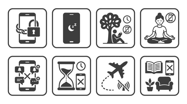 Digital Detox and Mindful Living Icon Set.