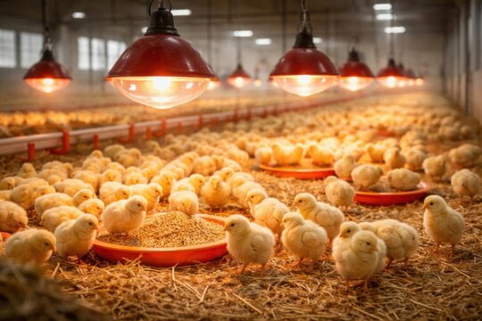 Pollitos reunidos bajo l&aacute;mparas de calor dentro de la limpia secci&oacute;n de cr&iacute;a de la granja av&iacute;cola