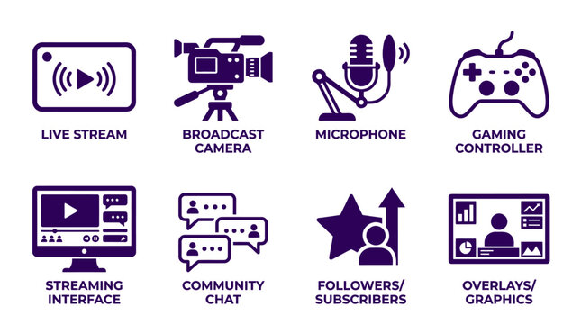 Set of eight flat vector icons for video streaming and gaming content creation.