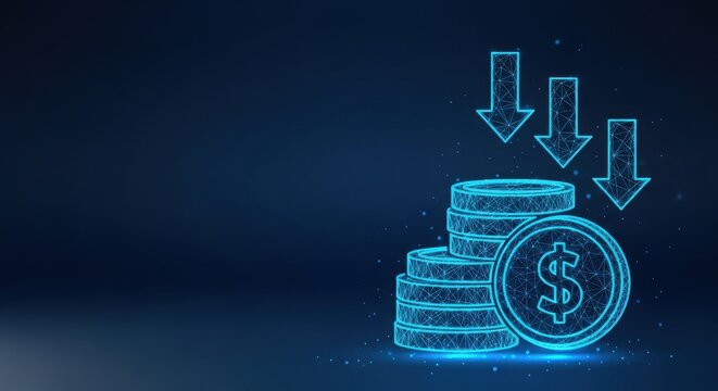 Stacks of glowing neon coins with downward arrows indicating financial decline in a digital abstract space