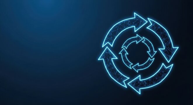Glowing blue circular arrows forming a continuous cycle against a dark digital background, representing process and repetition