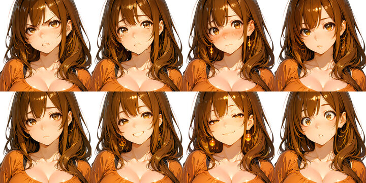 Anime witch character sprite sheet, fantasy wizard girl with hat and multiple emotional expressions, RPG avatar collection
