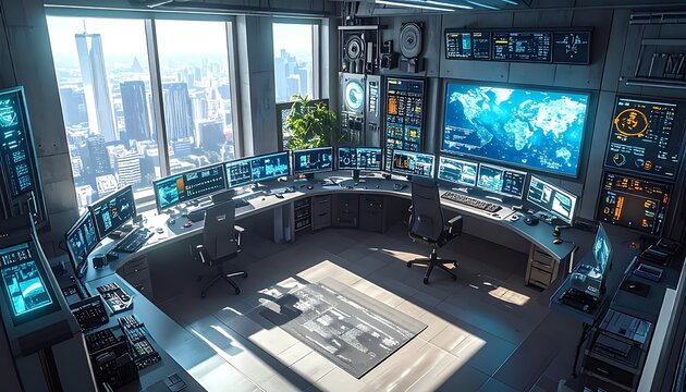 A futuristic high-tech control room with multiple computer screens (3)