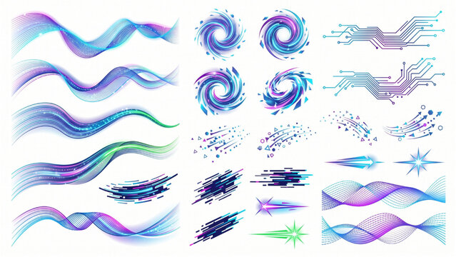 Abstract Cyber Energy Vector Elements Collection Flowing Digital Wave Lines Futuristic Motion Accents Editable Decorative Graphics Set