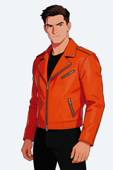 Fototapeta premium Cool Male Character in Orange Leather Jacket on Plain Background