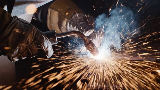 Close up of skilled hands with calloused fingers expertly performing a welding operation, creating a dazzling shower of sparks